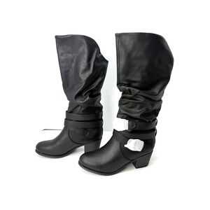 Journee Collection Late Rouched Buckle Shaft Block Heel Boots Black Size 9 NWT